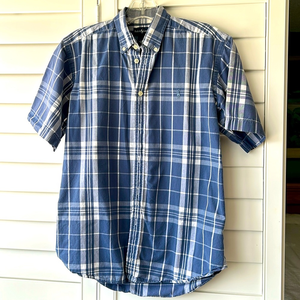 Ralph Lauren - Blue plaid, boys, extra large, button-down, short sleeve shirt.